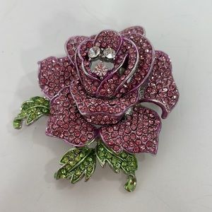 Rose Rhinestone Brooch 2” x 2” Pink rhinestones petals, Green, Leaves 3 Clear